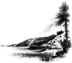 "Landing-place of Roger Williams. This view is on the left bank of the Seekonk, looking south. The point on which the figure stands is the famous rock, composed of a mass of dark slate, and rising but little above the water at high tide. The high banks are seen beyond, and on the extreme left is India Point, with the rail-road bridge near the entrance of the river into Narraganset Bay."&mdash;Lossing, 1851