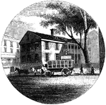 "Old Tavern in Providence. This view is from the market, looking north. The building stands on the east side of the square and parallel with its front commences North Main Street. In the yard on the right is venerable horse-chestnut tree, standing between the house and the Roger Williams' Bank. In former times, a balcony extended across the front. The door that opend upon it is still there, but the balcony is gone. The roof is completely overgrown with moss, and every appearance of age marks it."&mdash;Lossing, 1851