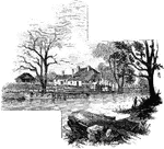 "Head-quarters of Greene and Knox. This view is from the turnpike road, looking southeast. The water in front is a mill-pond over the dam of which passes a foot-bridge. The mill is hidden by the trees in the ravine below. This side was originally the rear of the house, the old Goshen road passing upon the other side. The old front is a story and a half high. Captain Morton, the proprietor, is a son of the late General Jacob Morton, of New York city."—Lossing, 1851