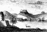"West Point in 1780. This view is from a print published in the <em>New York Magazine</em> for 1790. It was taken from Constitution Island. On the left is seen a portion of old Fort Constitution. The great chain, four hundred and fifty yards in length, and covered by a strong battery, is seen stretched across the river, immediately below Fort Clinton, the structure on the high point. In the distance, on the left, two mountain summits are seen, crowned with fortifications. These were the North and Middle Redoubts. Upon the range of the Sugar Loaf Mountain, higher than these, and hidden, in the view, by Fort Clinton, was another redoubt, called the South Battery."—Lossing, 1851