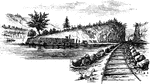 "View at Beverly Dock. This view is taken from the Hudson River rail-road, looking north. The dock, covered with cord wood, is seen near the point on the left. It is at the termination of a marsh, near the point of a bold, rocky promontory, through which is a deep rock cutting for the road. The distant hills on the extreme left are on the west side of the Hudson; and through the gorge formed for the road may be seen the military edifices of West Point."—Lossing, 1851