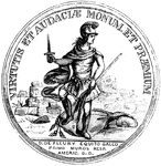 "Medal awarded to Lieutenant-colonel De Fleury. This is a representation of the medal, the size of the original. The device is a helmeted soldier, standing against the ruins of a fort. His right hand is extended, holding a sword upright; the staff of a stand of colors is grasped by his left; the colors are under his feet, and he is trampling upon them. The legend is, 'Virtutis et audacle monum et premium. D. D. Fleury equiti gallo primo muros resp. Americ. D. D.;' 'A memorial and reward of valor and daring. The American Republic has bestowed (this medal) on Colonel D. de Fleury, a native of France, the first over the walls (of the enemy).'"&mdash;Lossing, 1851