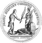 "Medal awarded to Major Stewart. This represents the medal the size of the original. The device is America personified by an Indian queen, who is presenting a palm branch to Major Stewart. A quiver is at her back; her left hand is resting on the American shield, and at her feet is an alligator crouchant. The legend is, 'Joanni Stewart Cohortis Prefecto, Comitia Americana,' 'The American Congress to Major John Stewart.'"&mdash;Lossing, 1851