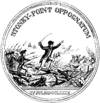 "Medal awarded to Major Stewart. This represents the medal the size of the original. On the back side is a fortress on an eminence. In the foreground an officer is cheering on his men, who are following him over abatis with charged bayonets, the enemy flying. Troops in single file are ascending to the fort on one side; others are advancing from the shore; ships are in sight. The inscription is, 'Stony Point Oppugnatum XV. Jul. MDCCLXXIX;' 'Stony Point attacked 15th of July, 1779.'"&mdash;Lossing, 1851