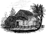 "Colonel Jameson's head-quarters. This is a view of the out-buildings of Mr. Sands, at North Castle, situated a few yards from his residence. The lowest building, on the left, is the dwelling, now attached to the barn of Mr. Sands, which Jameson used as his head-quarters. In that building Andre was kept guarded until sent to West Point."&mdash;Lossing, 1851