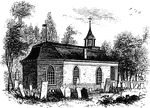 "Ancient Dutch Church in Sleepy Hollow. This view is from the church-yard, looking southwest. The porch seen on the right fronts upon the highway, and is a modern addition, the ancient entrance being on the south side. This is believed to be the oldest church in existence in this state, having been erected, according to inscription upon a stone tablet upon its front, by Vredryck Flypsen (Frederic Philips) and Catharine his wife, in 1699. It is built of brick and stone, the former having been imported from Holland for the express purpose. The old flag-shaped vane, with the initials of the founder cut out of it, yet turns upon its steeple, and in the little tower hangs the ancient bell, bearing this inscription: 'Si. Deus. Pro. Nobis. Quis. Contra. Nos. 1685.' The pulpit and communion-table were imported from Holland; the latter alone has escaped the ruthless hand of modern improvement."—Lossing, 1851