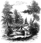 "Bridge over Sleepy Hollow Creek. Ichabod, according to Irving, in the <em>Legend</em>, returning from a late evening tarry with Katrina Van Tassel, on his lean steed Gunpowder, was chased by a huge horseman, without a head, from the Andre tree to the bridge. 'He saw the walls of the church dimly gleaming under the trees beyond. He recollected the place where Brom Bones' ghostly competitor had disappeared. "If I can reach that bridge," thought Ichabod, "I am safe." Just then he heard the black steed panting and blowing close behind him; he even fancied that he felt his hot breath. Another compulsive kick in the ribs, and old Gunpowder sprang upon the bridge; he thundered over the resounding planks; he gained the opposite side; and now Ichabod cast a look behind, to see if his pursuer should vanish, according to rule, in a flash of fire and brimstone. Just then he saw the goblin rising in his stirrups, and in the very act of hurling his head at him. Ichabod endeavored to dodge the horrible missile, but too late; it encountered his cranium with a terrible crash; he was tumbled headlong into the dust, and Gunpowder, the black steed, and the goblin rider, passed like a whirlwind.' A shattered pumpkin was found on the road the next day, but Ichabod had gone to parts unknown. Brom Bones, his rival, soon afterward let the pretty Katrina to the altar. The good country people always maintained that Ichabod was spirited away by the <em>headless horseman</em>, who was the ghost of a Hessian soldier, whose body, deprived of its caput by a cannon-ball, ws sleeping in the church-yard near."&mdash;Lossing, 1851