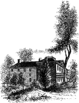 "The Livingston Mansion. This is a view from the lawn on the north side. It is embowerd in trees and shrubbery, and is one of the most pleasantly-located mansions in the country, overlooking interesting portios of the Hudson River. Within its walls many of the leading men of the Revolution were entertained. It was the head-quarters of Washington, when he abandoned an attempt to capture Cornwallis. There, at the close of the war, Washington, Governor Clinton, and General Sir Guy Carleton, and their respective suites, met to make arrangements for the evacuation of the city of New York by the British. Washington and Clinton came down the river from West Point in a barge; Carleton ascended in a frigate. Four companies of American Infantry performed the duty of guards on that occasion."—Lossing, 1851