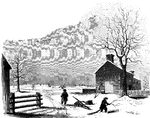 "View of the battle-ground near Princeton. This view, looking north, is from the carriage gate of Mr. John Clarke, owner of the house in which General Mercer died, which is situated about seventy rods from the Trenton turnpike. That dwelling is represented in the foreground of the picture, on the extreme right. The distant view includes almost the whole field of action. Near the center of the picture, over the head of the dark figure, is seen the house of William Clark, and his out-buildings. The barn, a little more to the left, with a tree in front, is upon the spot from whence Mercer rushed forward to the hedge-fence. That fence was upon the line of the present turnpike, denoted in the sketch by the fence passing down the slope beyond the large tree on the extreme left. The 'high ground' for which both parties were aiming, to secure advantage, is seen in the extreme distance. The dark spot between the tree in the second field and the barn denotes the spot where Mercer fell. The house of William Clark, in the distance, is about a quarter of a mile from the one in the foreground, where Mercer died. The hollow between the two houses was the space between the belligerents when Washington advanced to the support of Mercer. The place of conflict is about a mile and a quarter south of Princeton. The turnpike passes directly through it."&mdash;Lossing, 1851