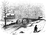 "Bridge at Worth's Mill's. This substantial stone bridge, over Stony Brook, is upon the site of the wooden one destroyed on the 3d of January, 1777. The old mill on the left is now owned by Josiah S. Worth, a son of the propietor during the Revolution. This sketch was made from the road on the bank of the stream, along which Mercer and his detachment marched to secure the bridge."—Lossing, 1851