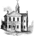 "Carpenters' Hall. This building is constructed of small imported bricks, each alternate one glazed, and darker than the other, giving it a checkered appearance. Many of the old houses of Philadelphia were built of ike materials. It was originally erected for the hall of meeting for the society of house-carpenters of Philadelphia. It stands at the end of an alley leading south from Chestnut Street, between Third and Fourth Streets."—Lossing, 1851