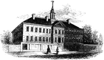 "The Walnut Street Prison. This edifice was erected in 1774, and taken down in 1836. The beautiful new Athenaeum occupies a portion of the ground on Sixth Street, and the remainder is covered by elegant dwellings. It is a singular fact that the architect who constructed it was the first person incarcerated in it. He was a Whig, and, having incurred the displeasure of the British, he was locked up in that prison. The <em>Public Ledger</em> of June 26th, 1837, gives an account of an armorial drawing, representing, in bold relief, a cuirass, casque, gorget, and Roman battle-ax, with radiating spears, which was made upon an arch of one of the second story cells, by Marshall, an English engraver, who was confined there for many years for counterfeiting the notes of the United States Bank. He was the son of the notorious 'Bag and Hatchet Woman,' of St. Giles's, London, who followed the British army in its Continental campaigns, and gathered spoils from the slain and wounded on the field of battle. Those who were dead, were readily plundered, and the wounded as readily dispatched. This woman and son were master-spirits in the purlieus of St. Giles's, among robbers and counterfeiters. The gang were at length betrayed, and the parent and child fled to this country, bringing with them considerable wealth in money and jewels. They lived in splendid style in Philadelphia, riding in a gorgeous cream-colored phaeton, drawn by richly-caparisoned horses, driven tandem. Their means were soon exhausted, when the son married, and commenced business as an engraver. He counterfeited notes of the United States Bank, was detected, and in 1803 was sentenced to eighteen years' confinement and hard labor in the Walnut Street Prison, then the State Penitentiary. While he was in prison, his mother, who had wondered away from Philadelphia in poverty and destitution, was executed in another state for a foul murder and arson."—Lossing, 1851