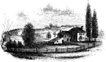 "Washington's head-quarters. This view is from the Reading rail-road, looking east, and includes a portion of the range of hills in the rear whereon the Americans were encamped. The main building was erected in 1770; the wing is more modern, and occupies the place of the log addition mentioned by Mrs. Washington, in a letter to Mercy Warren, written in March, 1778: 'The general's apartment,' she wrote, 'is very small; he has had a log cabin built to dine in, which has made our quarters much more tolerable than they were at first.'"—Lossing, 1851