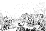 "The field of Monmouth. In the picture here given, the chief is seen most prominently on his white charger, with his general officers. Washington and Green are in front; Knox on the right, upon the most prominent horse; and behind them are Hamilton, Cadwallader, etc. On the left is seen the group of artillery, with 'Captain Molly' at the gun. In the distance is seen a portion of the British army, and Colonel Monckton falling from his horse. On the right, in the foreground, lying by a cannon, is Dickinson, of Virginia; and on the left, by a drum, Bonner, of Pennsylvania. In the center is a wounded rifleman."&mdash;Lossing, 1851