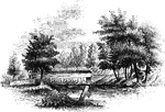 "View at Chad's Ford. This view is from the east bank of the Brandywine, looking southwest. The ford was about ten rods above the present bridge. Its place is indicated in the picture by the hollow in front of the tree on the extreme left. The wooded height seen on the opposite side of the river is the place where Knyphausen's artillery was planted."&mdash;Lossing, 1851