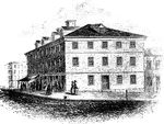 "The Congress House. This view is from Baltimore Street, looking southeast. The ront on the left is on Baltimore Street; the other is on Liberty Street. Its first story is now used for commercial purposes; otherwise it exhibits the same external appearances as when Congress assembled there."&mdash;Lossing, 1851