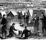 "Camp Zagonyi, encampment of Fremont's army on the prairie, near Wheatland, Mo., October 14th, 1861. This spot, where Fremont's army rested after their first day's march from Tipton, is on the vast prairies of Missouri, about fifteen miles from Tipton and two miles from Wheatland. The Grand Army of the West here pitched their tents on the afternoon of the 14th of October, 1861. A brilliant sunset fell over the whole, which looked more like a monster picnic than the advanced corps of an army bent on the destruction of traitorous brothers. The rapidity with which the evening's meal for a marching regiment is prepared has something of the marvelous in it. Appetite quickens practice, and the air is soon filled with the savory aromas of culinary processes. Then comes the hearty enjoyment of food which at another time would be passed by, but which now, under the appetizing provocative of hunger, is thankfully received. Not the least of a soldier's trials is the inroad a long march and privation makes upon that fastidiousness which plenty to eat engenders in the human diaphragm. The camp was called after the colonel of General Fremont's bodyguard, whose gallant achievements at Springfield on the 25th of October we have recorded." &mdash;Leslie, 1896