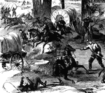 "Battle of Stone River, Tenn. The decisive charge of General Negley's division across the river- the Confederates flying in confusion. We question if a more spirited sketch was ever published than our double-page engraving representing the final charge of General Negley's division, on the afternoon of Friday, January 2nd, 1863, at the battle of Murfreesborough, or Stone River. About four o'clock in the afternoon General Rosecrans, seeing that the critical moment had arrived, gave orders for General Negley to cross the river and drive the enemy from his position. This was done in a manner worthy of the most disciplined troops in the world. The Eighteenth Ohio Regiment dashed into the river, the Nineteenth Illinois and Twenty-first Ohio following close behind. Our artist reported: 'The scene was grand in the extreme. It was indeed a momentous battle on a miniature scale. Nothing could resist our gallant men; on they rushed; the Confederates met the shock then wavered, and then were driven back at the bayonet's point, step by step, for some half mile, when they broke and fled, ever and anon rallying to check our too hasty pursuit. Night fell on the scene, and the victors and vanquished rested from their strife. Thus was won the great battle of Stone River, in which, if ever men met foemen worthy of their steel, they met them then.'"— Frank Leslie, 1896