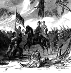 "Battle of Shiloh, or Pittsburg Landing, left wing- the woods on fire during the engagement of Sunday, April 6th, 1862- Forty-Fourth Indiana Volunteers engaged. The right wing of General Hurlbut's division stopped the advance of the Confederates by a determined defense along a side road leading through the woods on the right of the field. The Twenty-fifth and Seventeenth Kentucky and Forty-fourth and Thirty-first Indiana Regiments were engaged. By some means the dry leaves and thick underbrush which covered this locality took fire, filling the woods with volumes of smoke, and only discovering the position of the opposing forces to each other by the unceasing rattle of musketry and the whizzing of the bullets." &mdash; Frank Leslie, 1896