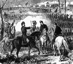 "Battle of Pea Ridge, Ark., fought March 6th, 7th and 8th, 1862, between the Federal forces, 13,000 strong, under Generals Curtis, Sigel, and Asboth, and the combined Confederate army of the Southwest, 25,000 strong, under Generals Van Dorn, Price and McCulloch- total defeat of the Confederates. The official report of this battle by General Curtis is as follows: 'On Thursday, March 6th, the enemy commenced an attack on my right wing, assailling and following the rear guard of a detachment under General Sigel to my main lines on Sugar Creek Hollow, but ceased firing when he met my re-enforcements about 4 P.M. Early on the 7th I ordered an immediate advance of the cavalry and light artillery, under Colonel Osterhaus, with orders to attack and break what I supposed would be the re-enforced line of the enemy. This movement was in progress when the enemy commenced an attack on my right. The fight continued mainly at these points during the day, the enemy having gained the point held by the command of Colonel Carr at Cross Timber Hollow, but was entirely repulsed, with the fall of the commander, McCulloch. At sunrise on the 8th my right and centre renewed the firing, which was immediately answered by the enemy with renewed energy. I immediately ordered the centre and right wing forward, the right turning the left of the enemy and cross firing on his centre. This final position of the enemy was in the arc of a circle. A charge of infantry extending throughout the whole line completely routed the entire Confederate force, which retired in great confusion, but rather safely through the deep, impassable defiles of cross timber.'" — Frank Leslie, 1896
