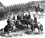 "Battle of Malvern Hill, near Turkey Bend, James River, Va., fought Tuesday, July 1st, 1862. The battle of Malvern Hill commenced with the advance of a large body of Confederates, extending quite across the country, with cavalry on each flank. The Federals at once jumped up wearily, and waited their appraoch, while all the signal officers, on their several stations, waved their cabalistic muslin. The Federal column was formed with General Couch, of General Keyes's corps, on the extreme left; Franklin and Heintzelman took up the centre, and on the right were the remnants of Porter and Sumner. Burns's brigade, being ordered to charge, advanced with the sixty-ninth Pennsylvania Regiment (Irish), Colonel Owen, and being gallantly seconded by Dana's, Meagher's and French's brigades, they dashed within fifty yards of the enemy and opened a splendid fire of musketry. The left of the line was now advanced, and the troops of General Couch really behaved wonderfully, facing the enemy wherever he appeared, and pouring volleys into him all the time. After fighting two hours, with a loss of about 400, the night fell, and having moved across Turkey Island Creek, they broke up the bridge, and soon the whole army closed up at and near Harrison's Bar, twenty-seven miles from Richmond." —Leslie, 1896