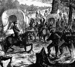 "Advance of Federal troops on Corinth- the Carnival of Mud- scene at Lick Creek Bottom, between Pittsburg Landing and Monterey, four miles from Corinth, May 5th, 1862- General Hurlbut's division forcing their way through the mud. Our illustration cannot fail to fasten the grand fact of mud firmly on the reader's mind. Our special artist, Mr. Lovie, carefully made the sketch on the spot at Lick Creek Bottom, when General Hurbut's division of Halleck's grand army was advancing from Pittsburg Landing to Monterey. In his letter he said: "Lick Creek Bottom is part of the road between Pittsburg Landing and Monterey. The hills on both sides are clayey ground, and the creek rises rapidly after every rain. On Monday, May 5th, an attempt was made to pull through the cannon and wagon train, but the mud was too deep, and the result was that in a few hours the bottom was filled with wagons and mules, hopelessly mired, and waiting for dry weather to be dug out. A moment's reflection will enable you to get a faint idea of the enormous task before us. The bottom land is very deep and rich, and only those who have tested the adherent and adhering qualities of this soil can appreciate its glorious consistency and persistency thoroughly. I have had considerable experiences of mud, but, in all my rides, or, rather, wallowings, I have seldom experienced such difficulty in getting my horse along, and I only succeeded by driving my spurs so vehemently into his poor sides, that he made those desperate plunges which carried us through." —Leslie, 1896