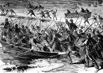 "'The Forlorn Hope.' Volunteers storming party, consisting of portions of the Seventh Michigan and Nineteenth Massachusetts crossing the Rappahannock in advance of the Grand Army, to drive off the Confederate riflemen who were firing upon the Federal pontioniers, Wednesday, December 10th, 1862. We illustrate one of those numerous acts of daring which have raised the character of the Federal soldier to the highest position in the military world. When the fire of the enemy from the rifle pits on the south side of the Rappahannock became so deadly that the pontoniers could not carry on their work, General Burnside called for 100 volunteers to cross and dislodge, at the bayonet's point, the concealed sharpshooters. Thousands sprang forward, but only the number required was chosen. These consisted of men from the Seventh Michigan and Nineteenth Massachusetts Regiments. With the utmost alacrity this gallant 'forlorn hope' sprang into the boats, and, on reaching the other side, drove the Confederates from their posts at the point of the bayonet, capturing 39 prisoners. Only one man was killed and give wounded in this desperate duty. The bridge was soon finished, and a sufficient force passed over to hold the town."&mdash; Frank Leslie, 1896