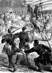 "Return of a foraging party of the Twenty-fourth Regiment, Connecticut Volunteers, with their spoils, to Baton Rouge, having captured horses, carts, wagons, mules, contrabands, provisions, etc. On January 29th, 1863, General Grover, who commanded at Baton Rouge, having received intelligence that a large quantity of supplies had been gathered at a place some miles away, sent a foraging party, consisting of the Twenty-fourth Connecticut Regiment, to capture them. This was happily accomplished without losing a man, the Confederate guard flying at the first sight of the Federal party. The spoils were several horses, carts, wagons, mules, corn and potatoes, saying nothing of a few 'contrabands' who came to enjoy 'Massa Linkum's' proclomation."— Frank Leslie, 1896