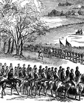 "The Battle of Cross Keys- opening of the fight- the federal troops, under General Fremont, advancing to attack the Confederate army under General Jackson, June 8th, 1862. By one of those singular chances which have made the conventional day of rest the day of famous battles, on the morning of Sunday, June 8th, 1862, the advance of General Fremont's army came up with the Confederate forces at cross Keys, about six miles to the south of Harrisonburg." &mdash; Frank Leslie, 1896