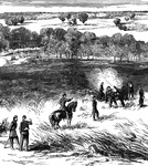 "Valley of the Chickahominy, looking southeast from the vicinity of Mechanicsville, the scene of the battles between the Federal forces commanded by General McClellan and the Confederate armies led by Generals Lee, Jackson, Magruder and Longstreet. About two o'clock in the afternoon, June 26th, 1862, the Confederates were seen advancing in large force across the Chickahominy, near the railroad, close the Mechanicsville, where General McCall's division was encamped. Placing their batteries in the rear of the Federals, the Confederates commenced a steady fire. The Federal batteries replied, and very soon the roar of the artillery was deafening. For three hours the fight raged with great fierceness, the enemy attempting a flank movement, which was defeated. Toward six o'clock in the evening General Morell's division arrived on the ground, and marched straight on the enemy, in spite of the shower of shot and shell rained upon them." — Frank Leslie, 1896