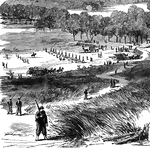 "Valley of the Chickahominy, looking southeast from the vicinity of Mechanicsville, the scene of the battles between the Federal forces commanded by General McClellan and the Confederate armies led by Generals Lee, Jackson, Magruder and Longstreet. About two o'clock in the afternoon, June 26th, 1862, the Confederates were seen advancing in large force across the Chickahominy, near the railroad, close the Mechanicsville, where General McCall's division was encamped. Placing their batteries in the rear of the Federals, the Confederates commenced a steady fire. The Federal batteries replied, and very soon the roar of the artillery was deafening. For three hours the fight raged with great fierceness, the enemy attempting a flank movement, which was defeated. Toward six o'clock in the evening General Morell's division arrived on the ground, and marched straight on the enemy, in spite of the shower of shot and shell rained upon them." — Frank Leslie, 1896
