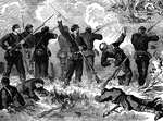 "Battle of Chancellorsville, Sunday, May 3rd, 1863. General Hooker repulsing the attack of the enemy. Early on May 3rd, Stuart renewed the attack upon Hooker's force, with the battle cry, 'Charge and remember Jackson!' and the advance was made with such impetuosity that in a short time he was in possession of the crest from which the Eleventh Corps had been driven the preceding day. No time was lost in crowning that eminence with all the heavy artillery obtainable, and as soon as this could be made to play upon the Federal lines a charge was successively ordered upon the position held by Generals Berry and French, both of whom were supported by the divisions of Williams and Whipple. After a severe struggle the Confederates succeeded in capturing the high ground where the Federals had posted some more heavy artillery, and in turning the latter upon the Federals, who soon had to fall back to their second and third lines of intrenchments. The Confederates followed close upon them, and made charge after charge in order to capture the new positions, but unayailingly and when re-enforcements arrived from Meade's corps they were forced to abadon the attack."— Frank Leslie, 1896