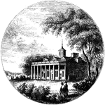 "Mount Vernon. This view is from the lawn in front, looking down the Potomac. The mansion is built of wood, cut so as to resemble stone, like Johnson Hall, at Johnstown, in New York, and is two stories in height. The central part was built by Lawrence Washington, a brother of the chief. The wings were added by the general. Through the center of the building is a spacious passage, level with the portico, and paved with tesselated Italian marble. This hall communicates with three large rooms, and with the main stair-way leading to the second story. The piazza on the eastern or river front is of square paneled pilasters, extending the whole length of the edifice. There is an observatory and cupola in the center of the roof, from whence may be obtained an extensive view of the surrounding country. The Mount Vernon estate was inherited by Lawrence Washington, who named it in honor of Admiral Vernon. He bequeathed it to George, and it passed into his possession on the death of Lawrence, which occurred in the mansion we are now noticing, on the 26th of July, 1752."&mdash;Lossing, 1851