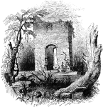 "Ruins at Jamestown. This view is from the old church-yard, looking toward James River, a glimpse of which may be seen through the arches. The stream is here about three miles wide. It is uncertain at what precise time the church, of which now only a portion of the tower remains, was erected. It ws probably built sometime between 1617 and 1620. According to Smith, a fire consumed a large portion of the town, with the palisades, at about the close of 1607, the first year of the settlement. Captain Smith and Mr. Scrivener were appointed commissioners to superintend the rebuilding of the town and church. Afterward, in speaking of the arrival of Governor Argall in 1617, he says, 'In James towne he found but five or six houses, the church downe, the pallizados broken, the bridge in pieces, the well of fresh water spoiled, the store-house used for the church.' The tower here represented was doubtless of the third church built, and is now (1852) about 234 years old. The tower is now about thirty feet high, the walls three feet thick, all of imported brick."&mdash;Lossing, 1851