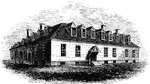 "Raleigh Tavern. When I visited Williamsburg in December, 1848, the front part of the old Raleigh tavern had been torn down, and a building in modern style was erected in its place. The old tavern was in the form of an L, one portion fronting the street, the other extending at right angles, in the rear. Both parts were precisely alike in external appearance, and as the rear building was yet standing and unaltered. I am able to give a restored view of the Raleigh, as it appeared during the Revolution. The wooden bust of Sir Walter Raleigh, which graved the front of the old inn, now ornaments the new building."—Lossing, 1851