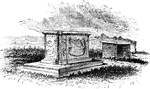 "The Nelson Tombs. This view is from the burial-ground looking down the York River toward Chesapeake Bay. The inscription upon the first monument is in Latin; the following is a translation of it: 'Here lies, in certain hope of a resurrection in Christ, Thomas Nelson, gentleman, son of Hugo and Sarah Nelson, of Penrith, in the county of Cumberland; born February 20th, A. D. 1677, died October 7th, 1745, aged sixty-eight years.' The inscription upon the second monument is much longer, and quite eulogistic. William Nelson was president of his majesty's council in Virginia, and died on the nineteenth of November, 1772, at the age of sixty-one years. No epitaph tells of the many virtues and heroic deeds of him who lies in the obscure vault beyond. History has written them upon the enduring pages of the chronicles of our republic; and in this work his biography and portrait may be found among those of the signers of the Delcaration of Independence."&mdash;Lossing, 1851