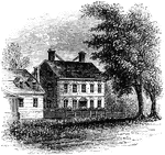 "The Nelson Mansion. This view is from the street looking northwest. A long wooden building, with steep roof and dormer windows, a portion of which is seen on the left, is also a relic of the Revolutionary era. It, too, was much damaged by the bombardment. A few feet from the door of Mr. Nelson's dwelling is a fine laurel-tree. On the occasion of La Fayette's visit to Yorktown in 1824, a large concourse of people were assembled; branches were taken from this laurel-tree, woven into a civic crown, and placed upon that of Preserved Fish, who accompanied him, remarked that none in all that company was better entitled to wear the mark of honor than he."&mdash;Lossing, 1851