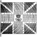 "British flag. This is a representation of one of the flags surrendered at Yorktown, and presented to Washington. I made this sketch of the flag itself, then in the Museum at Alexandria, in Virginia. It belonged to the seventh regiment. The size of the flag is six feet long, and five feet four inches wide. The ground is blue; the central stripe of the cross red; the marginal ones white. In the center is a crown, and beneath it a garter with its inscription, 'Honi soit qui mal y pense,' inclosing a full-blown rose. These are neatly embroidered with silk. The fabric of the flag is heavy twilled silk."&mdash;Lossing, 1851