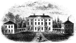 "Front view of Tryon's Palace. The view here given was the north front, toward the town. The center edifice was the palace. The building on the right was the secretary's office and the laundry; that upon the left was the kitchen and servant's hall. These were connected with the palace by a curviform colonmade, of five columns each, and covered. Between these buildings, in front of the palace, was a handsome court. The rear of the building was finished in the style of the Mansion-House in London."&mdash;Lossing, 1851
