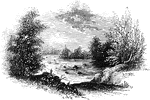 "View at Tuckesege Ford. This view is from the western bank of the Catawba, looking down the stream."—Lossing, 1851