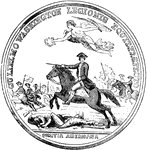 "Silver medal awarded to Washington. The following are the device and inscriptions on the front: An officer mounted at the head of a body of cavalry, charging flying troops; Victory is flying over the heads of the Americans, holding a laurel crown in her right hand and a palm branch in her left. Legend: Gulielmo. Washington Legionis Equit. Præfecto Comitia Americana- The American Congress to William Washington commander of a regiment of cavalry."—Lossing, 1851