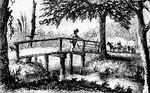 "View at Rugeley's. This view is from the south side of the bridge. The counterfeit cannon was placed in the road where the first wagon is seen. The house and barn of Rugeley were in the cleared field seen beyond the wagons."—Lossing, 1851