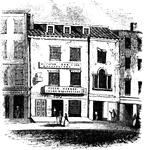 "Washington's head-quarters. I was informed by the venerable Anna van Antwerp, about a fortnight before her death, in the autumn of 1851, that Washington made his head-quarters, on first entering the city, at the spacious house (half of which is yet standing at 180 Pearl Street, opposite Cedar Street), delineated in the engraving. The large window, with no arch, toward the right, indicates the center of the original building. It is of brick, stuccoed, and roofed with tiles. There Washington remained until sommoned to visit Congress at Philadelphia, toward the last of May. On his return, he went to the Kennedy House, No. 1 Broadway, where he remained until the evacuation in September."—Lossing, 1851