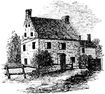 "Cortelyou's House. This house, built of stone, with a brick gable from eaves to peak, is yet (1852) standing upon the eastern side of the road leading from Brooklyn to Gowanus Creek, looking southeast. In the extreme distance is seen the 'Yellow Mill' between which and the one in the foreground so many of the patriots perished."&mdash;Lossing, 1851