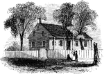 "Washington's head-quarters. The house occupied by Washington while the army was at White Plains is yet standing. It is a frame building, on the east side of the road, about two miles above the village. This view is from the road, looking northeast. When I last visited it (1851), Miss Jemima Miller, a maiden ninety-three yeras of age, and her sister, a few years her junior, were living therein, the home of their childhood. A chair and table, used by the chief, is carefully preserved by the family, and a register for the names of the numerous visitors is kept. This house was in the deep solitude of the forests, among the hills, when Washington was there; now the heights and the plain near by smile with cultivation."—Lossing, 1851