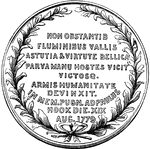 "Medal awarded to Lee. On the twenty second of September, Congress honored Lee with a vote of thanks, and ordered a gold medal to be struck and presented to him. On the back side, Non Obstantib. Flumin. Ibus Vallis. Astutia Virtute Bellica Parva Manu Hostes Vicit Victosq. Armis Humanitate Devnxit In Mem Pugn. Ad Paulus Hook Die XIX Aug., 1779- 'Notwithstanding rivers and intrenchments, he with a small band conquered the foe by warlike skill and prowess, and firmly bound by his humanity those who had been conquered by his arms. In memory of the conflict at Paulus's Hook, nineteenth of August, 1779.'"&mdash;Lossing, 1851