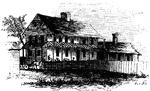 "Washington's Quarters. This is a view of the southwest front of the mansion. The room occupied by Washington is in the second story, opening out upon the piazza. It is about eighteen feet square, and in one corner is a Franklin stove. The situation of the house, upon an aminence an eighth of a mile eastward of the Millstone River, is very pelasant. It is now quite dilapidated; the piazzais unsafe to stand upon."&mdash;Lossing, 1851