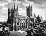 "Canterbury Cathedral, which was a key place during the contest with King John. In the quarrel with John of England the issue was not a matter of personal morality, but of Church authority. There was a dispute about the election to the Archbishopric of Canterbury, the most important church office in England. The monks of Canterbury chose one candidate and the king another, and then both parties appealed to the pope. Innocent rejected both candidates and proposed one of his own, Stephen Langton, a man in every way suitable for the office. John refused to submit, and the pope used against him the same means that had been employed to coerce Philip Augustus. He laid England under an interdict, and, though its effect was not so immediate as in France, it finally brought John to terms. Not only was John obliged to accept the pope's candidate, but he went so far as to surrender the kingdom of England to the pope and receive it back as the pope's vassal, paying in token of vassalage a sum of money each year."&mdash;Colby, 1899