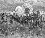 "A western emigrant train. The occupation of the west. With every year the line of settlements was pushed farther westward. Along the great highways, and by trails across the prairies, one might see long emigrant trains. Covered wagons contained the family goods and carried the women and children; the men marched behind or rode on horseback; they drove the sheep and cattle which they were taking to the new homes. These emigrants often formed large parties for better protection against Indians and wild beasts. They camped at night by streams of water when they could. They built their camp fires and kept guard all night, for they could hear the howling of wolves and sometimes see Indians stealing toward them. As they moved on, they would meet men and wagons coming from the opposite direction. Already the great West was sending back produce and droves of cattle and pigs to the Eastern markets."&mdash;Scudder, 1897