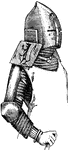 "A plate of iron worn over the mail to protect the shoulders of a man-at-arms, before the introduction of plate-armor for the body. Image: Ailette with armorial bearings, middle of 13th century."-Whitney, 1902